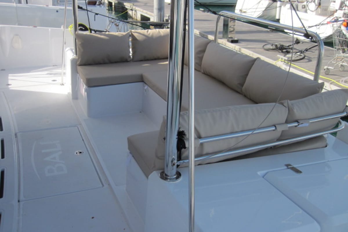 Deck of Maria Elena, a Bali 4.3 catamaran at Capo d'Orlando, Italy