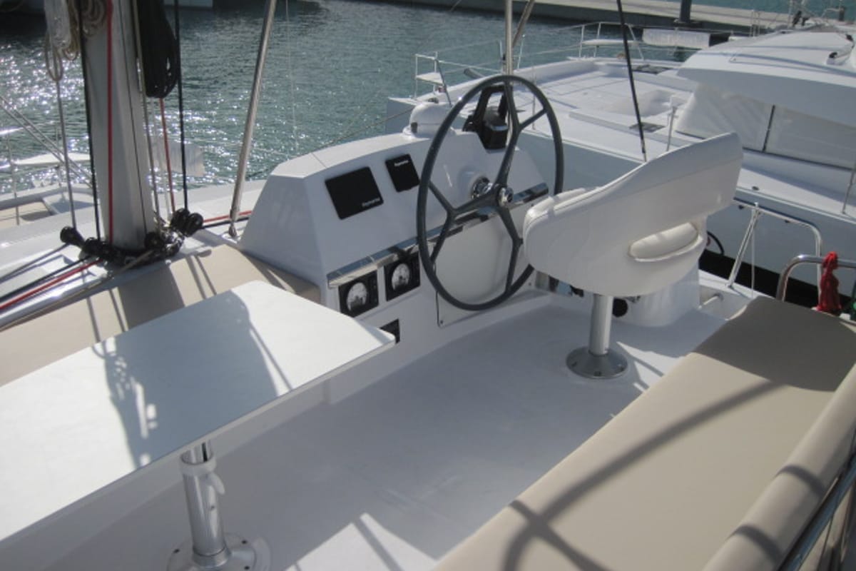 Cockpit of Maria Elena, a Bali 4.3 catamaran at Capo d'Orlando, Italy