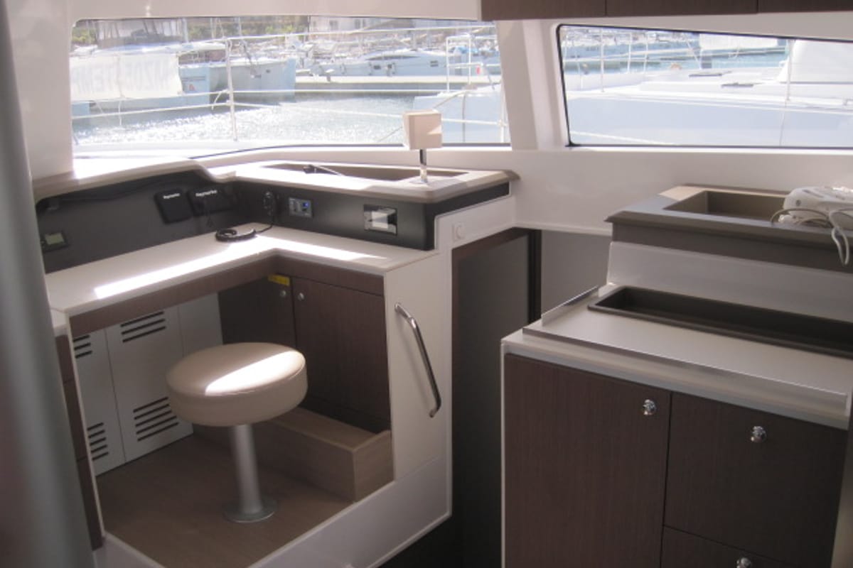 Salon of Maria Elena, a Bali 4.3 catamaran at Capo d'Orlando, Italy