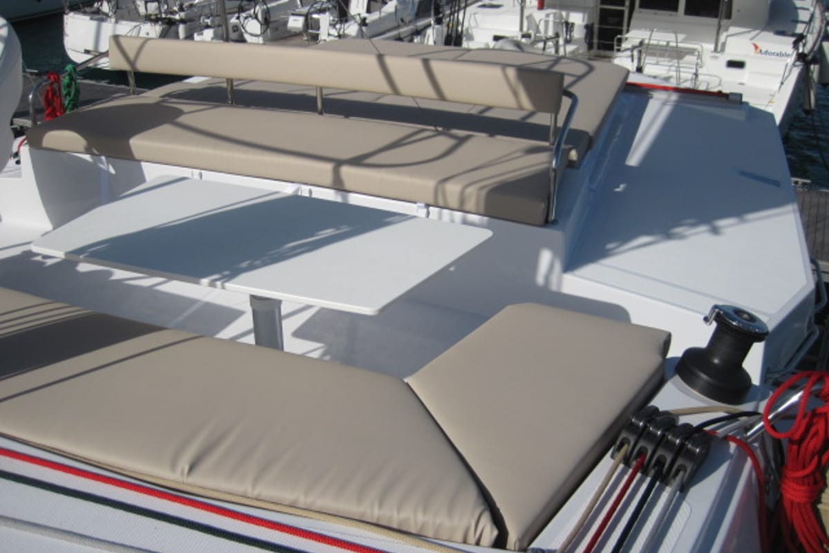 Deck of Maria Elena, a Bali 4.3 catamaran at Capo d'Orlando, Italy