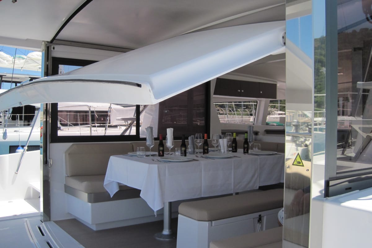Salon of Maria Elena, a Bali 4.3 catamaran at Capo d'Orlando, Italy