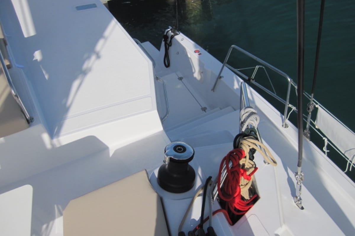Deck of Maria Elena, a Bali 4.3 catamaran at Capo d'Orlando, Italy