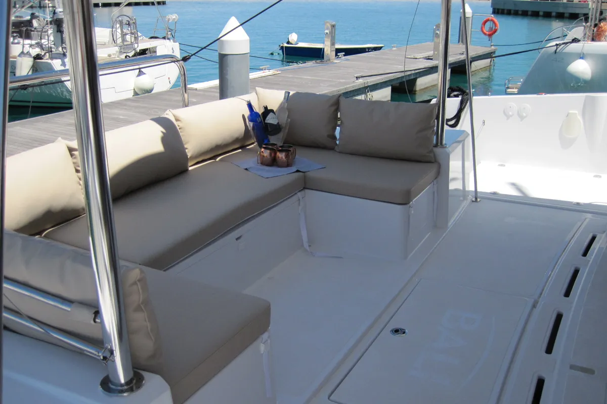 Deck of Maria Elena, a Bali 4.3 catamaran at Capo d'Orlando, Italy