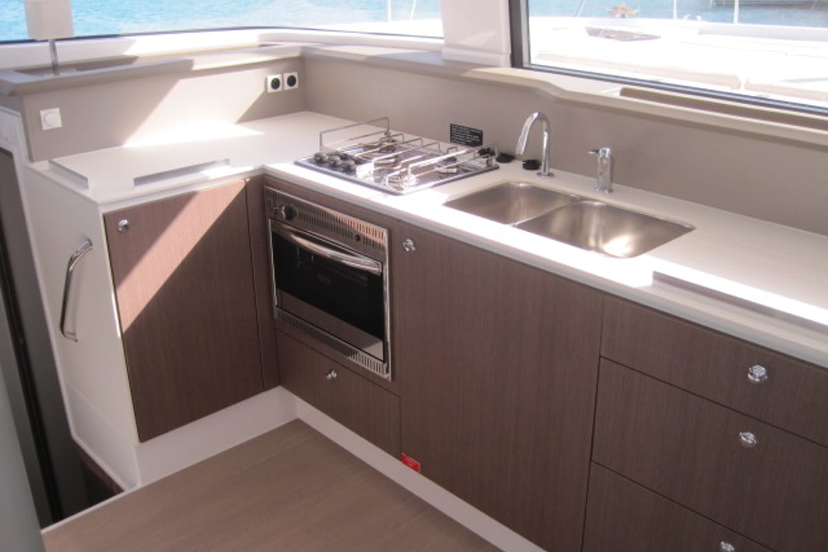 Galley of Maria Elena, a Bali 4.3 catamaran at Capo d'Orlando, Italy