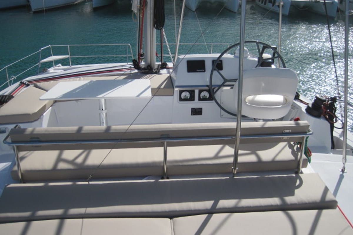 Cockpit of Maria Elena, a Bali 4.3 catamaran at Capo d'Orlando, Italy