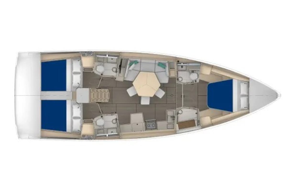 Floor plan of Moorings 44.3 Exclusive Plus, a Dufour 44 sailboat at Rodney Bay, Saint Lucia