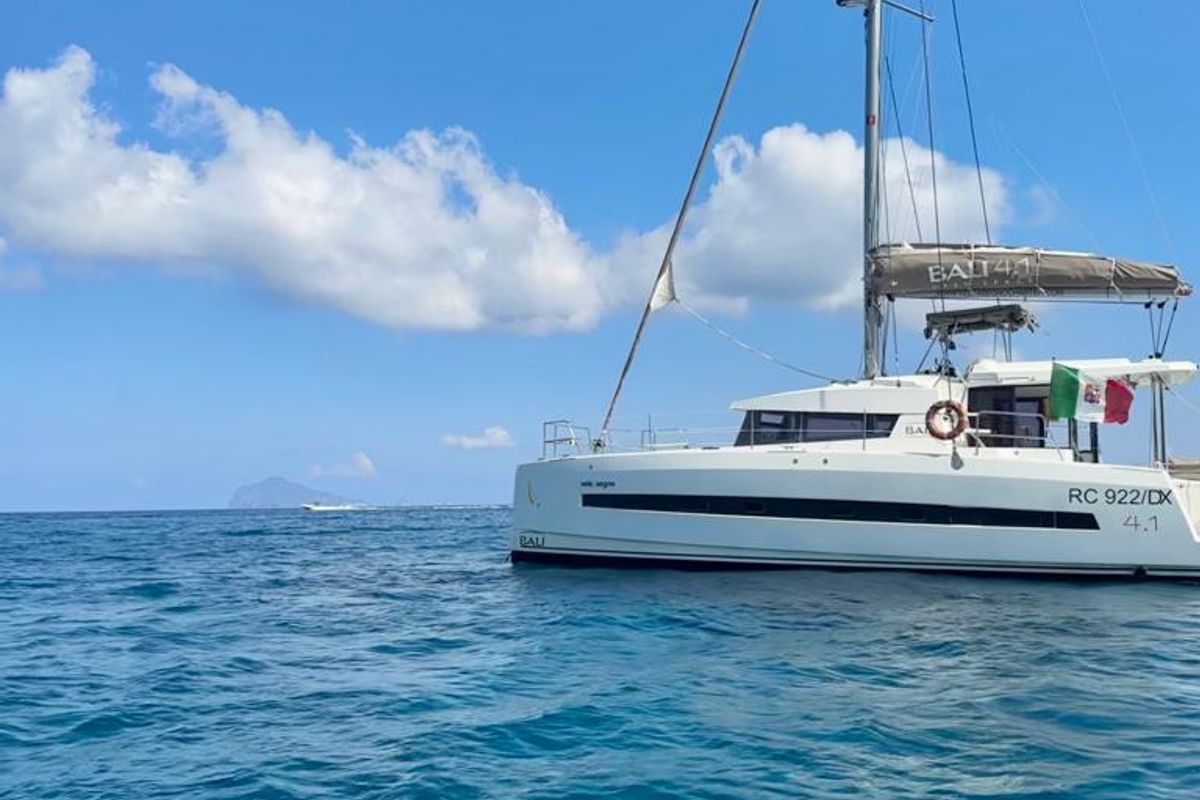 Exterior view of Negroni, a Bali 4.1 catamaran at Capo d'Orlando, Italy