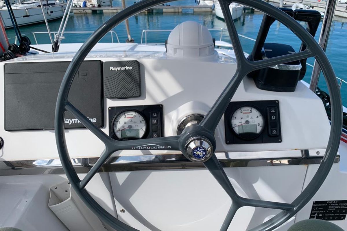 Cockpit of Negroni, a Bali 4.1 catamaran at Capo d'Orlando, Italy