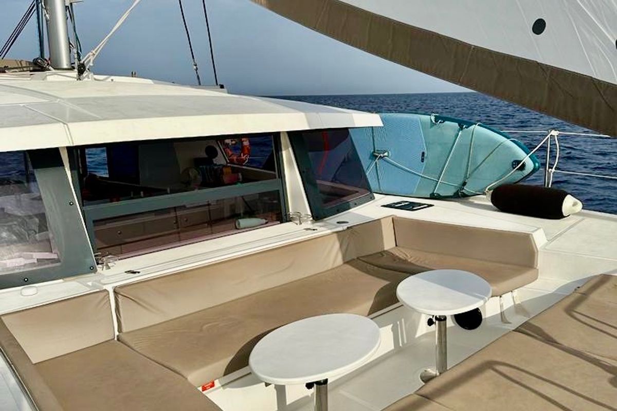 Deck of Negroni, a Bali 4.1 catamaran at Capo d'Orlando, Italy
