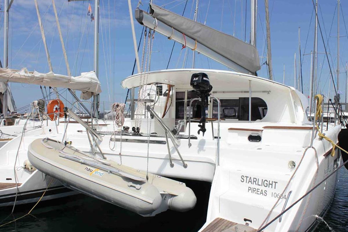 Exterior view of Starlight, a Nautitech 441 catamaran at Athens, Greece