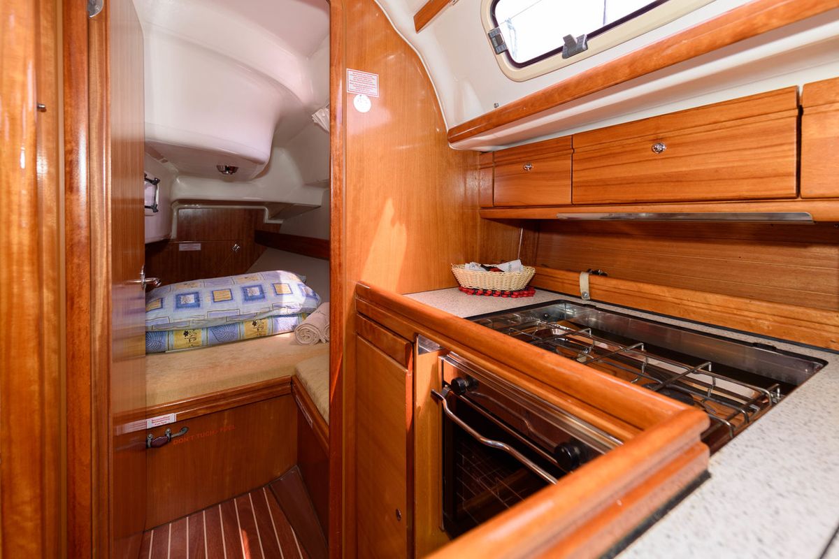 Galley of Dišpet, a Bavaria 33 Cruiser sailboat at Grad Trogir, Croatia