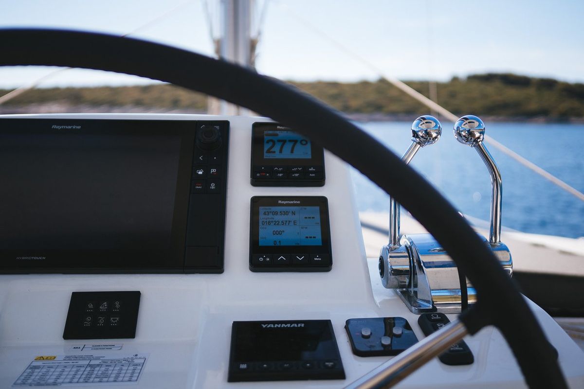 Cockpit of Catwalk, a Lagoon 51 OW catamaran at Grad Kaštela, Croatia