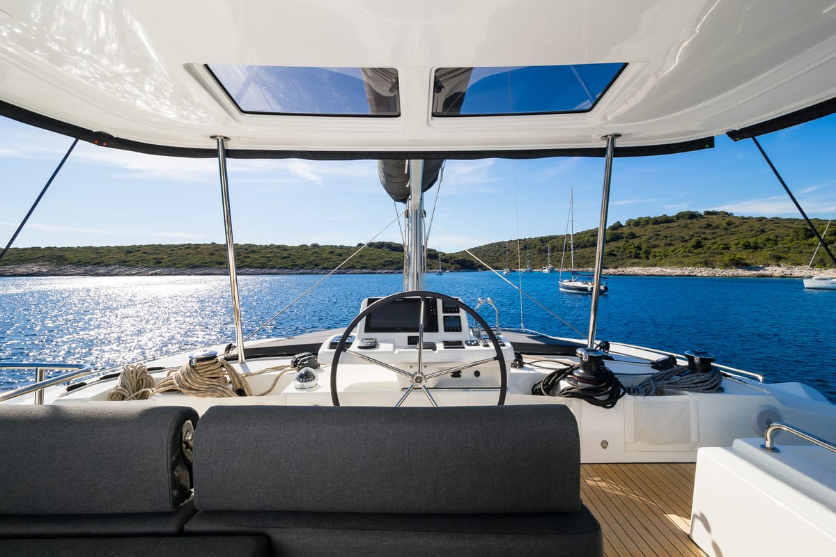 Cockpit of Catwalk, a Lagoon 51 OW catamaran at Grad Kaštela, Croatia