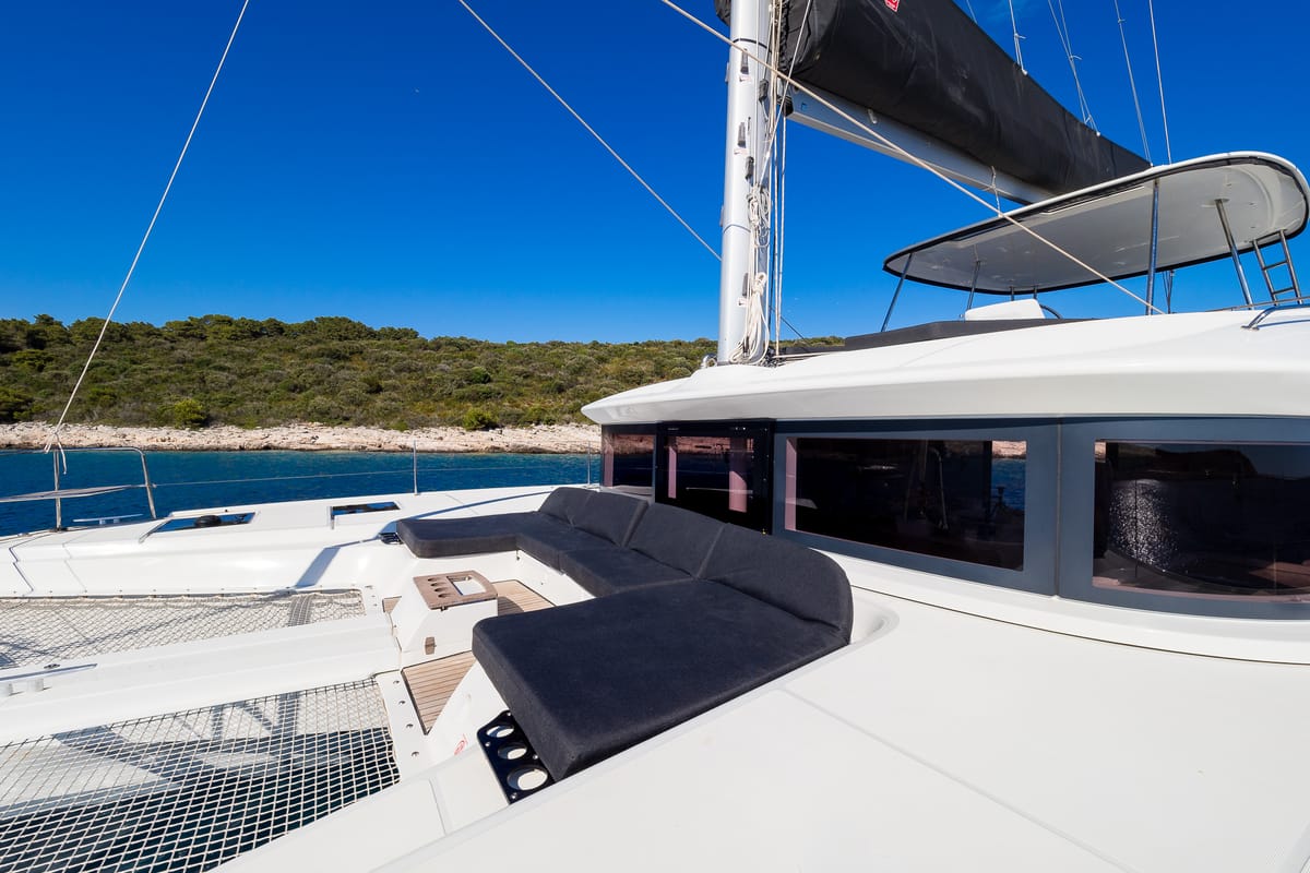 Deck of Catwalk, a Lagoon 51 OW catamaran at Grad Kaštela, Croatia