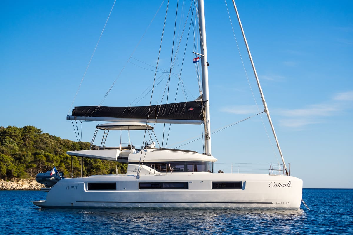 Exterior view of Catwalk, a Lagoon 51 OW catamaran at Grad Kaštela, Croatia