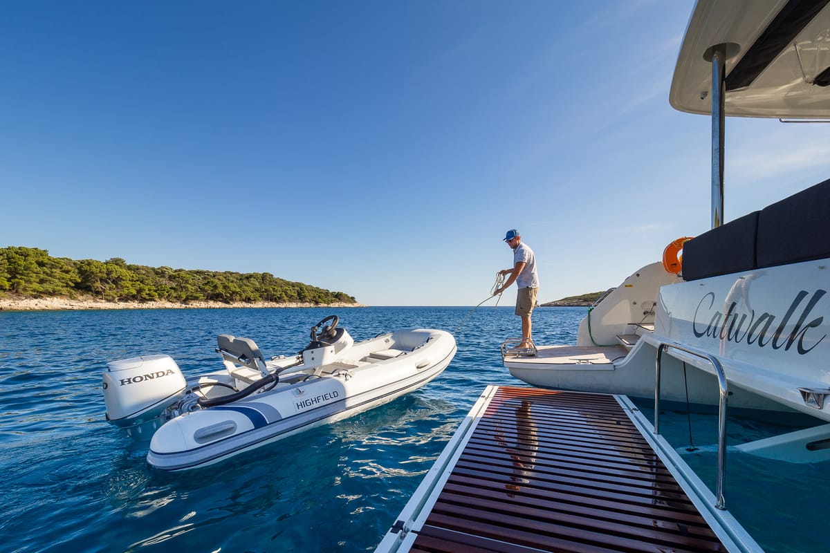 Deck of Catwalk, a Lagoon 51 OW catamaran at Grad Kaštela, Croatia