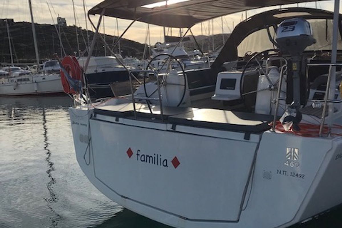 Exterior view of Familia, a Dufour 460 Grand Large sailboat at Athens, Greece