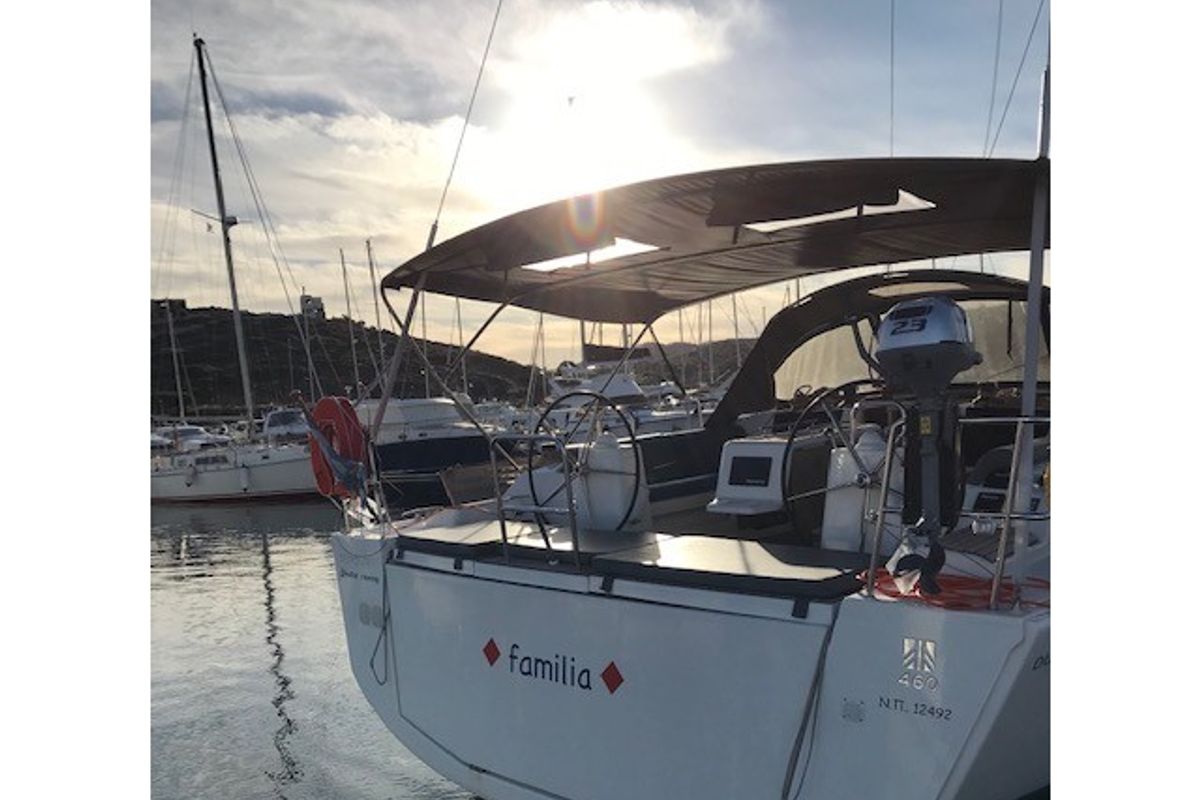 Exterior view of Familia, a Dufour 460 Grand Large sailboat at Athens, Greece