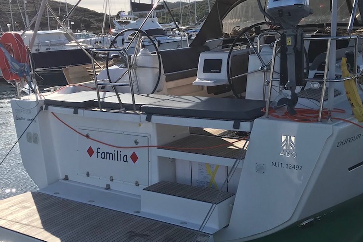 Exterior view of Familia, a Dufour 460 Grand Large sailboat at Athens, Greece