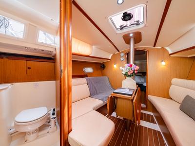 Salon of Regina IV, a Jeanneau Sun Odyssey 32i sailboat at Lavreotiki Municipal Unit, Greece