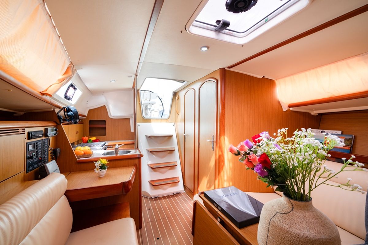 Galley of Regina IV, a Jeanneau Sun Odyssey 32i sailboat at Lavreotiki Municipal Unit, Greece