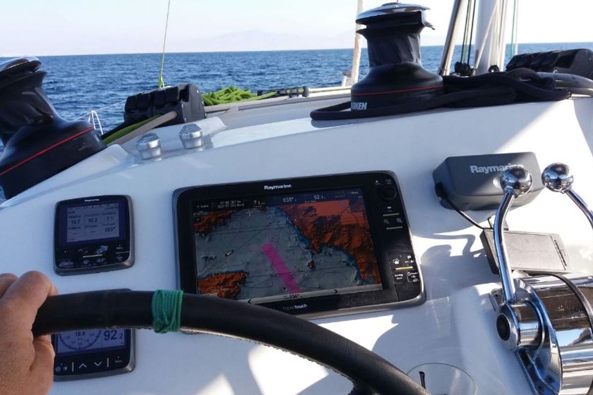 Cockpit of Ipanema, a Lagoon 400 S2 catamaran at Athens, Greece