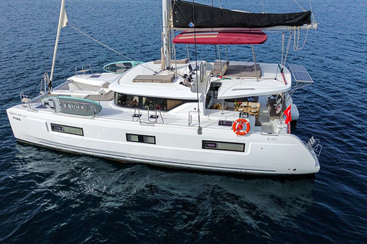 Exterior view of Hydra, a Lagoon 46 catamaran at Fethiye, Turkey