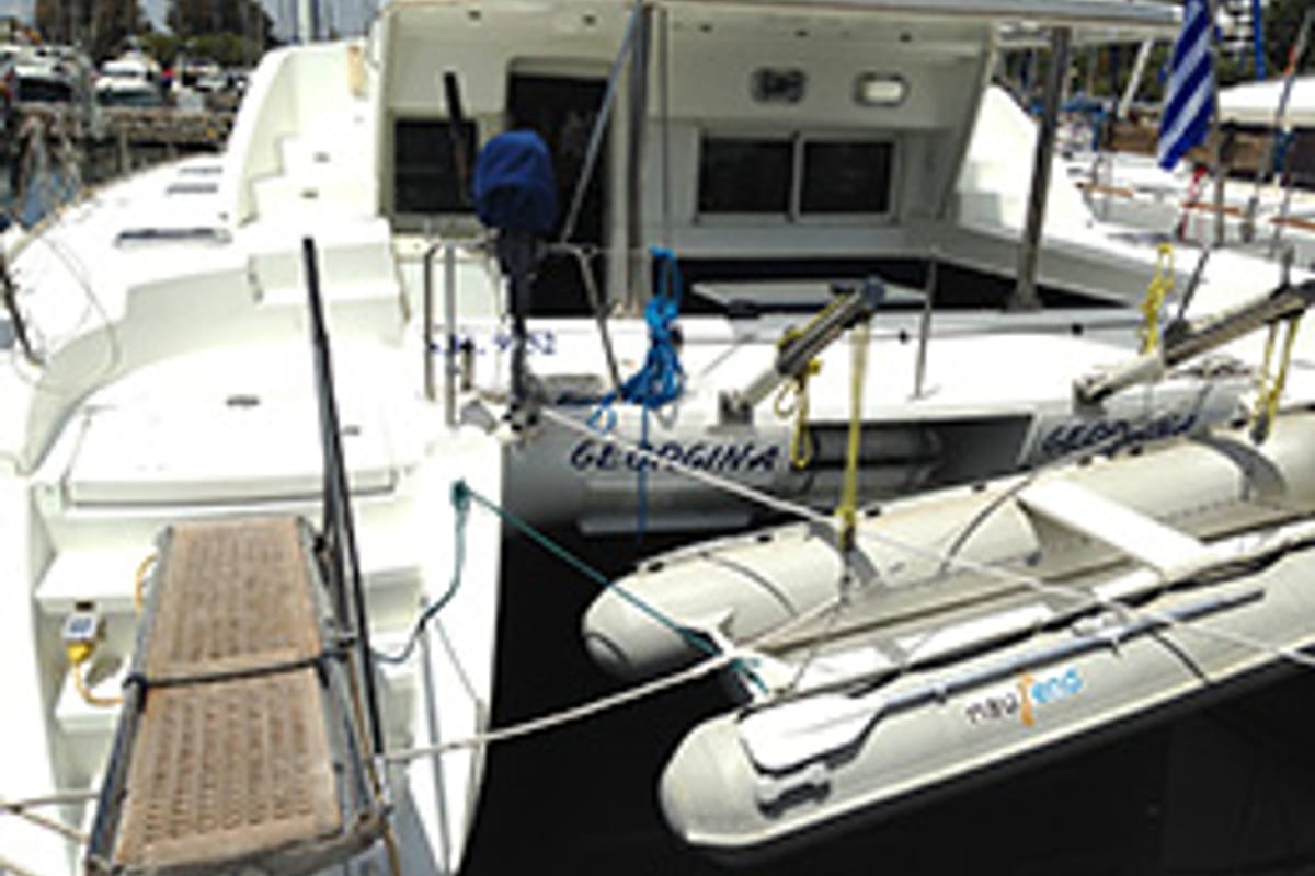Exterior view of Georgina, a Lagoon 440 catamaran at Athens, Greece