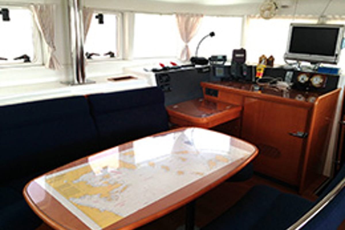 Cockpit of Georgina, a Lagoon 440 catamaran at Athens, Greece