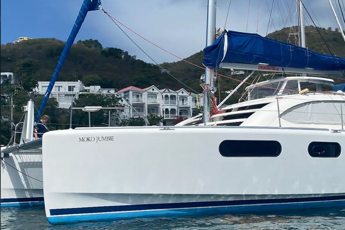 Exterior view of Moko Jumbie, a Leopard 46 catamaran at Ribishi, Saint Vincent and the Grenadines