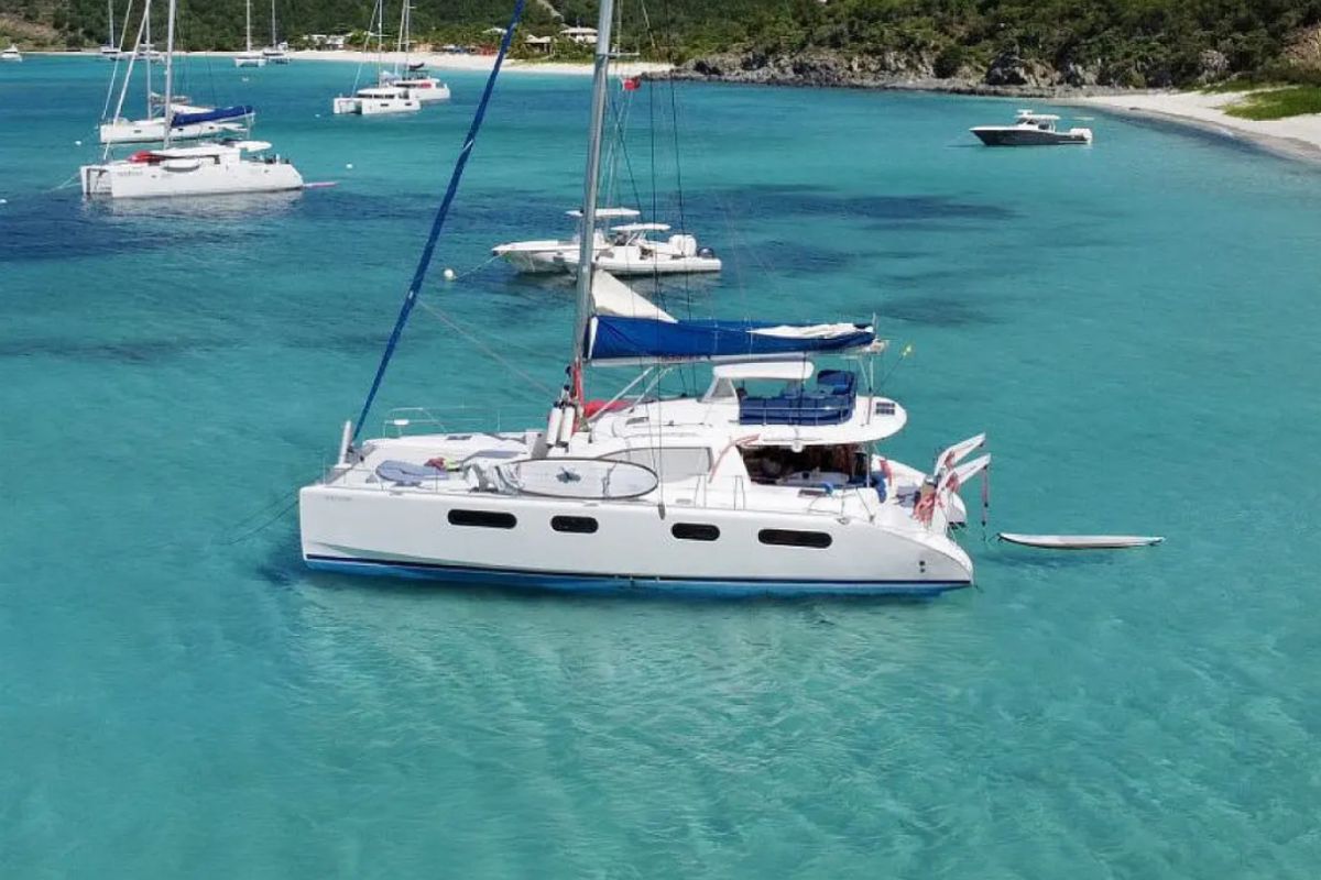 Exterior view of Moko Jumbie, a Leopard 46 catamaran at Ribishi, Saint Vincent and the Grenadines