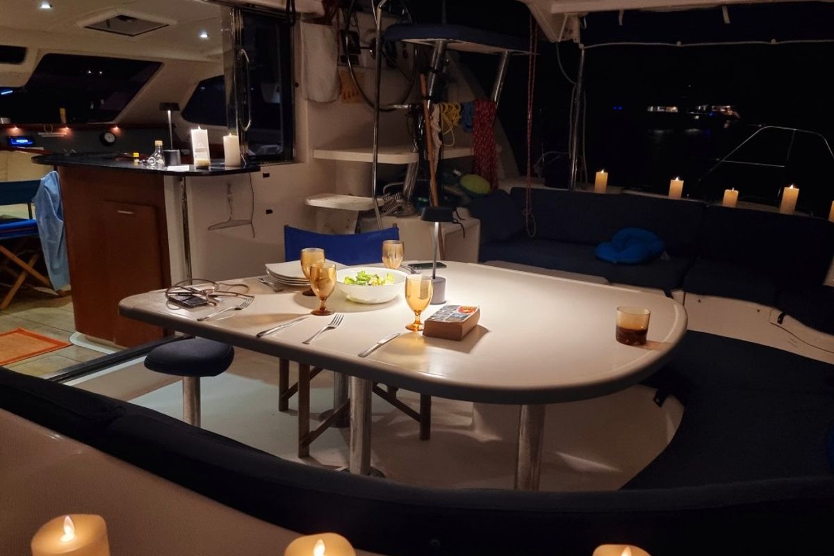 Salon of Moko Jumbie, a Leopard 46 catamaran at Ribishi, Saint Vincent and the Grenadines