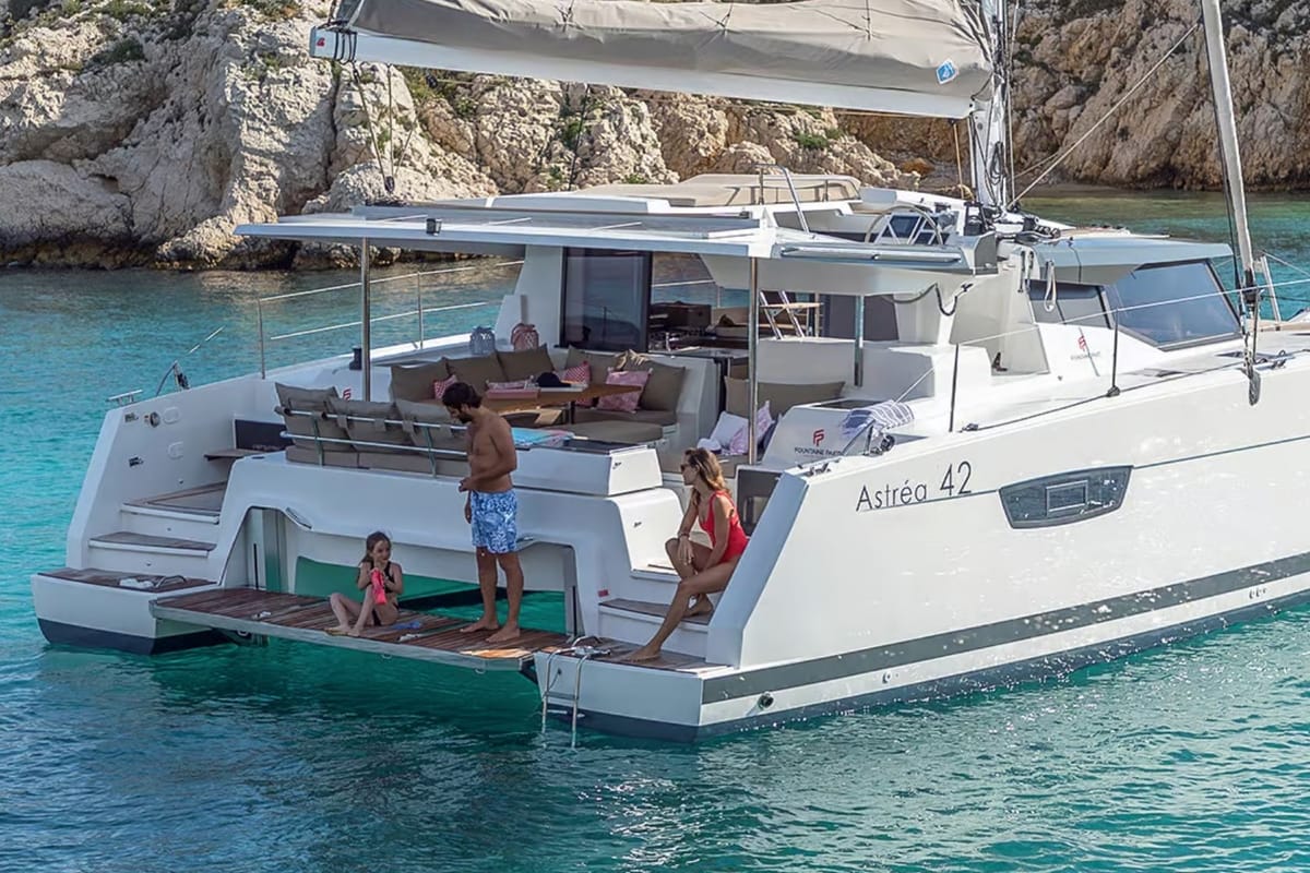 Exterior view of Bollinger, a Fountaine Pajot Astrea 42 catamaran at Olbia, Italy