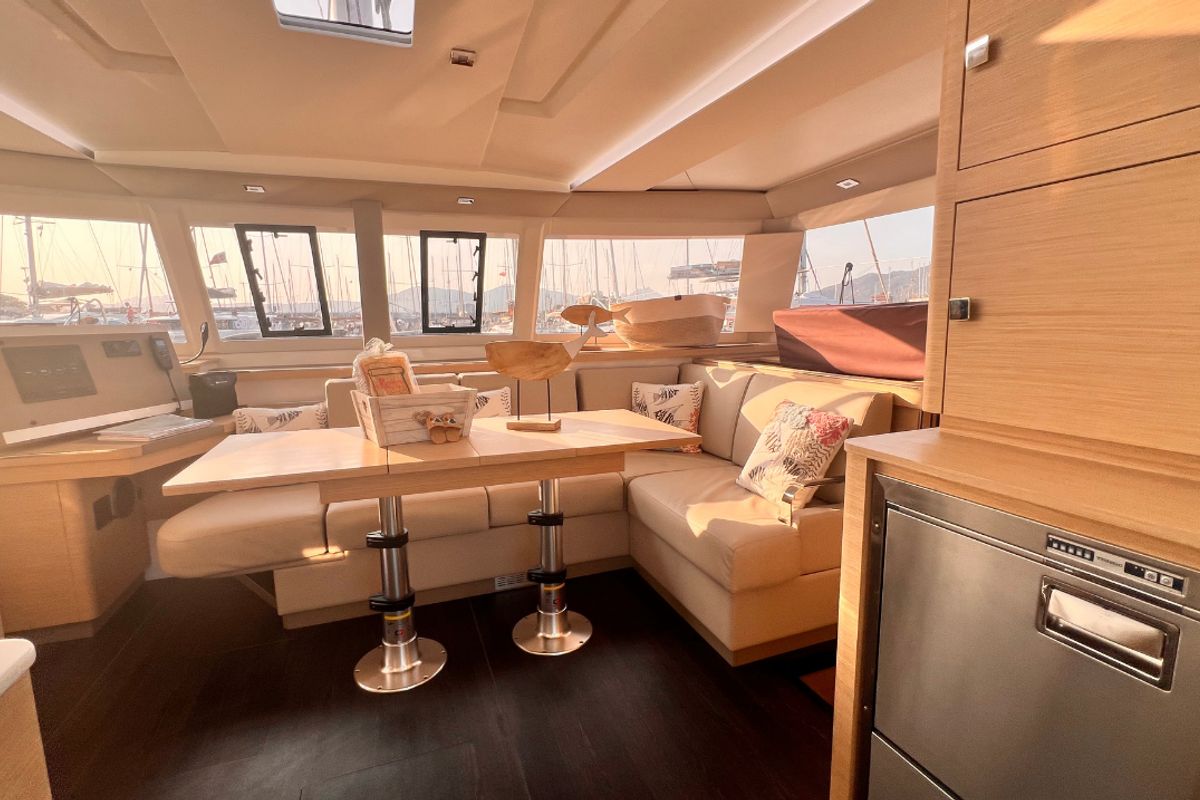 Salon of Bollinger, a Fountaine Pajot Astrea 42 catamaran at Olbia, Italy