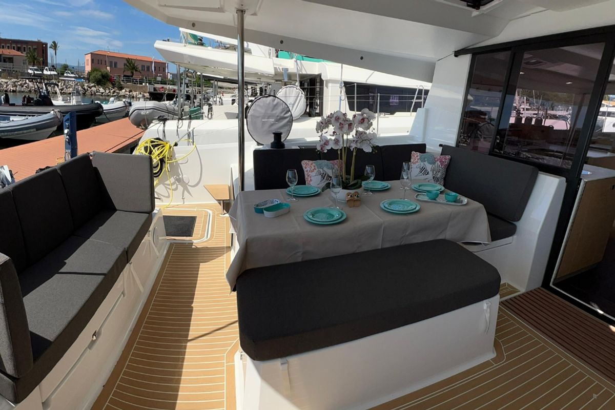 Deck of Bollinger, a Fountaine Pajot Astrea 42 catamaran at Olbia, Italy