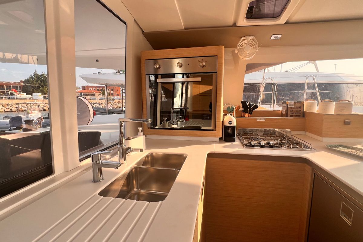 Galley of Bollinger, a Fountaine Pajot Astrea 42 catamaran at Olbia, Italy