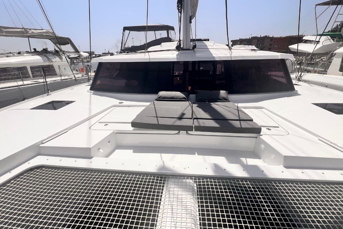Deck of Bollinger, a Fountaine Pajot Astrea 42 catamaran at Olbia, Italy