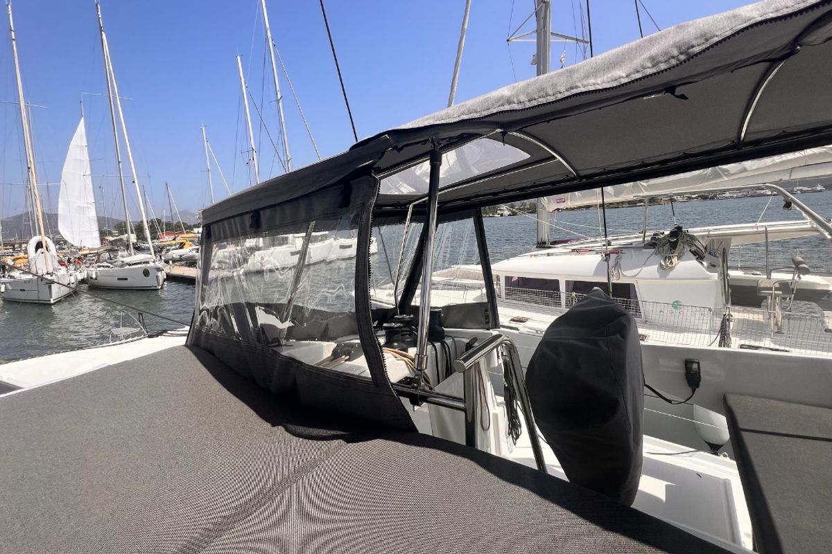 Cockpit of Bollinger, a Fountaine Pajot Astrea 42 catamaran at Olbia, Italy