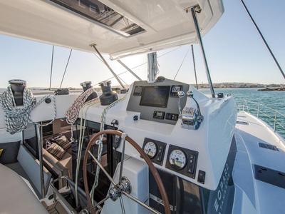 Cockpit of Moorings 5000 Exclusive, a Leopard 50 catamaran at Central Abaco, Bahamas