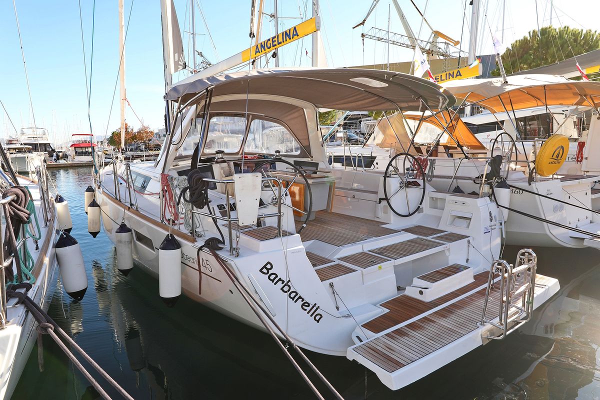 Exterior view of Barbarella, a Beneteau Oceanis 45 sailboat at Grad Trogir, Croatia