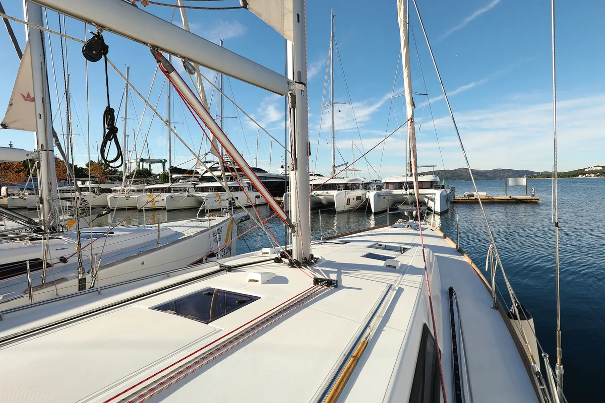 Deck of Barbarella, a Beneteau Oceanis 45 sailboat at Grad Trogir, Croatia