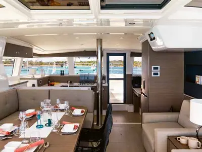 Salon of JULIA, a Bali 4.2 catamaran at Lavreotiki Municipal Unit, Greece