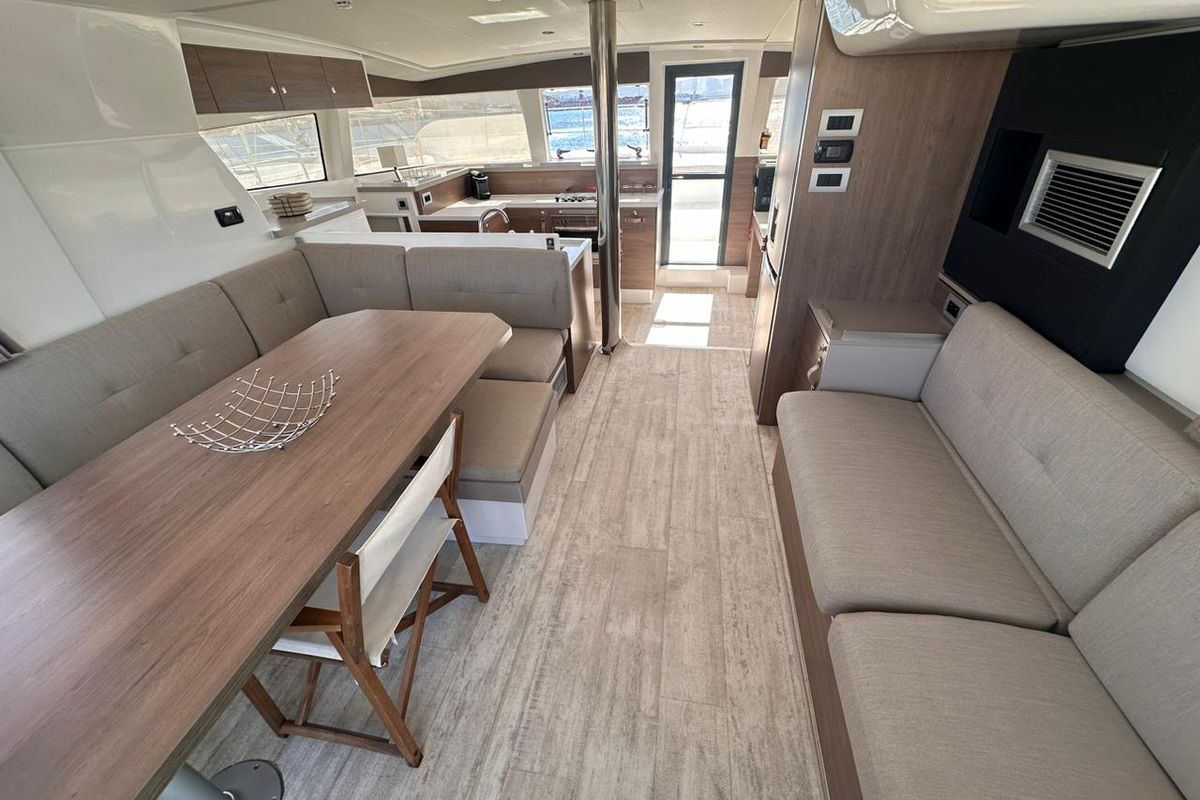 Salon of JULIA, a Bali 4.2 catamaran at Lavreotiki Municipal Unit, Greece