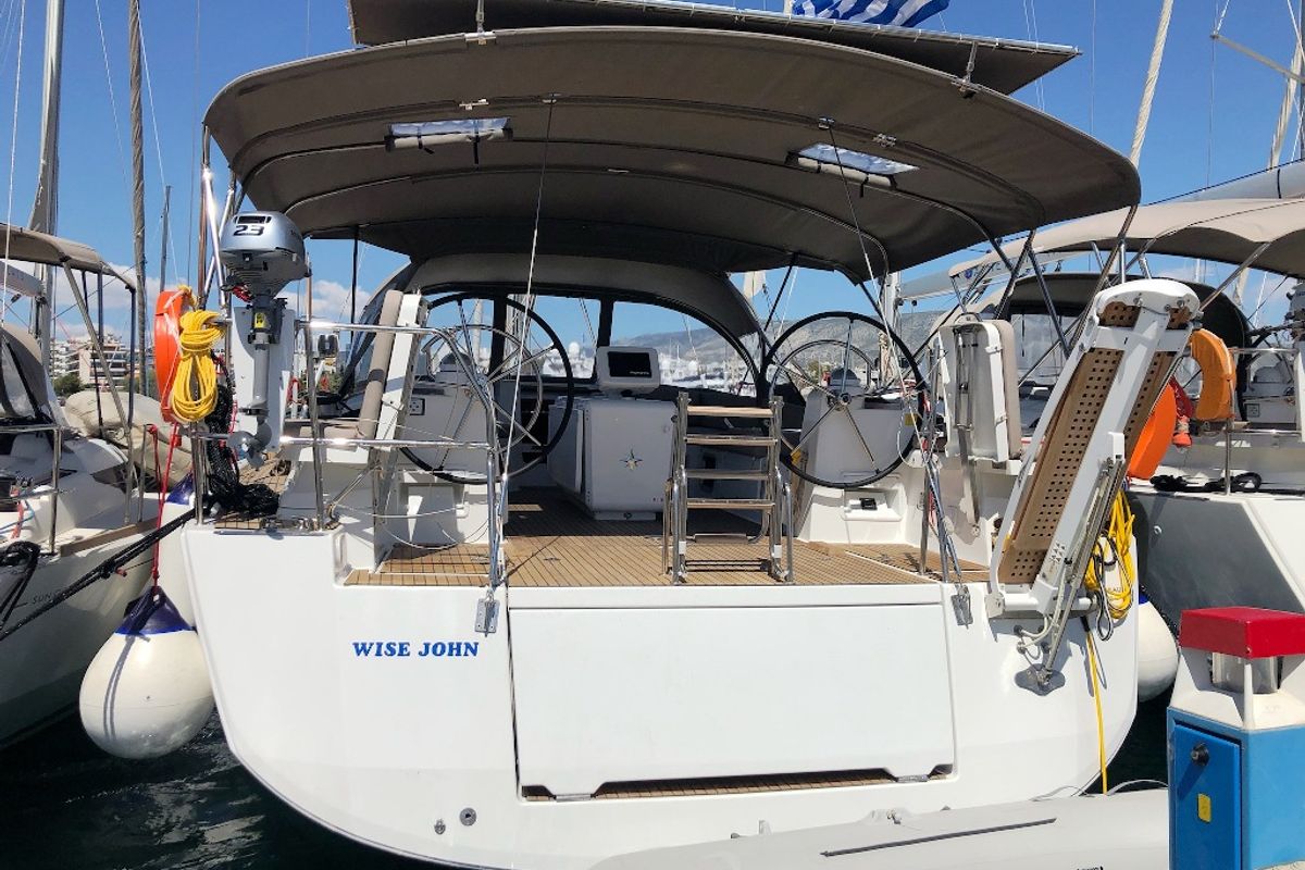 Exterior view of Wise John, a Jeanneau 54 sailboat at Skiathos, Greece