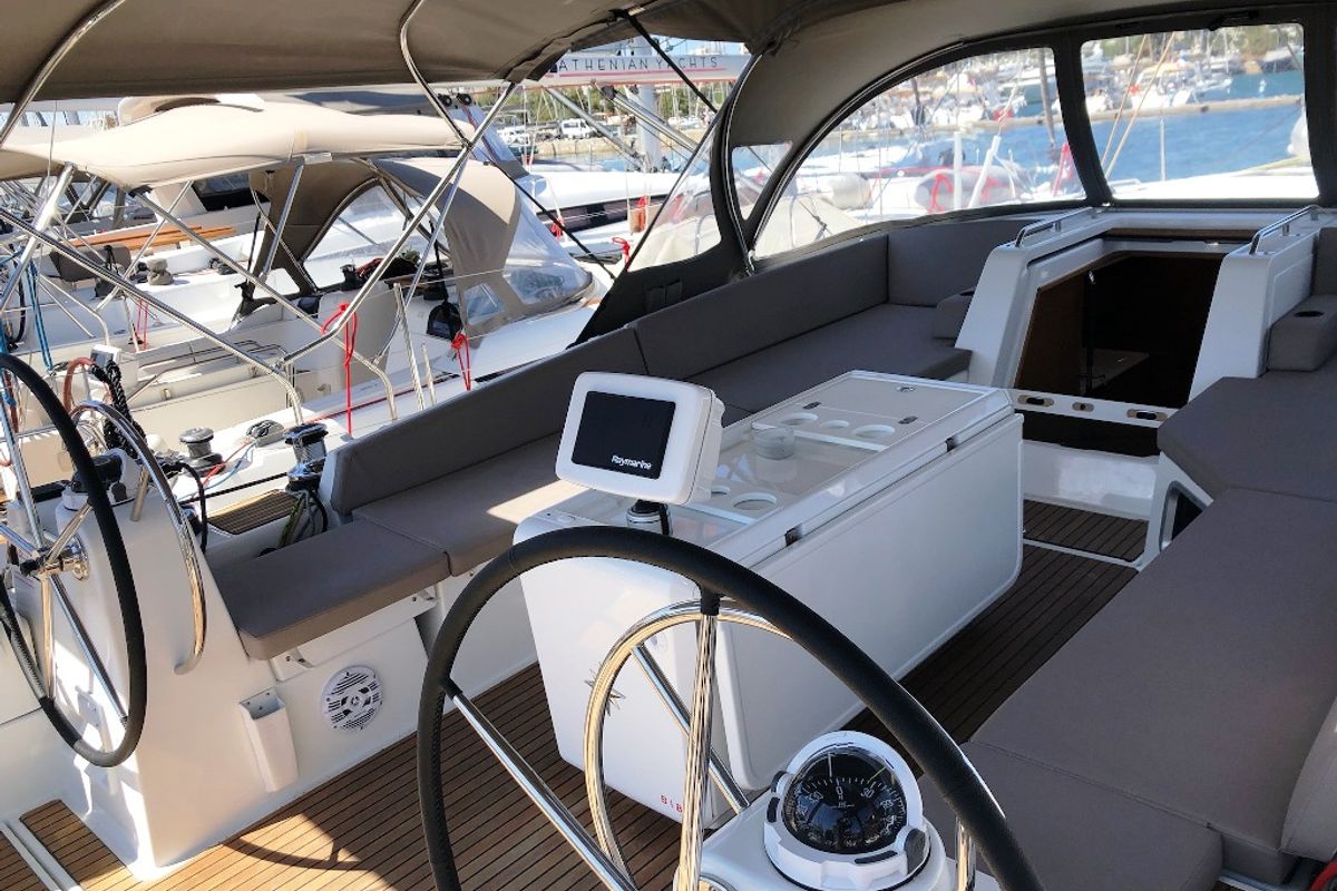 Cockpit of Wise John, a Jeanneau 54 sailboat at Skiathos, Greece
