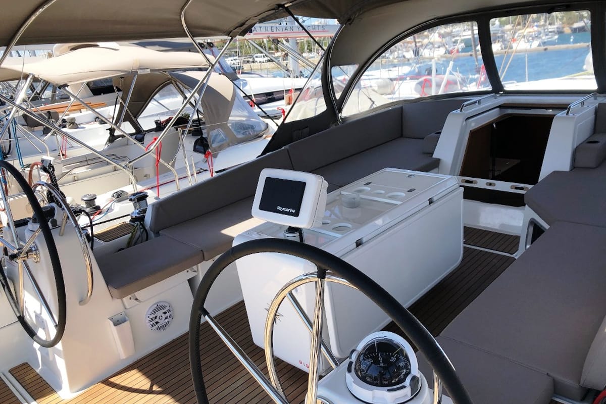 Cockpit of Wise John, a Jeanneau 54 sailboat at Skiathos, Greece