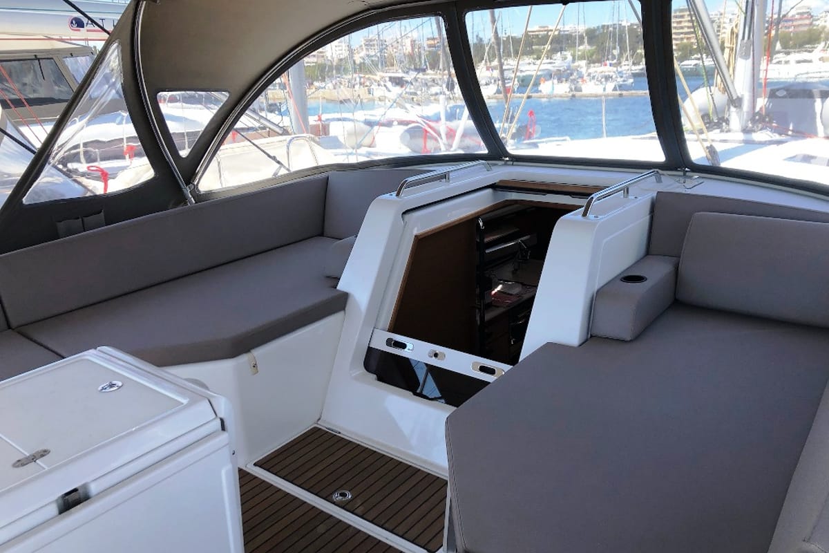 Cockpit of Wise John, a Jeanneau 54 sailboat at Skiathos, Greece