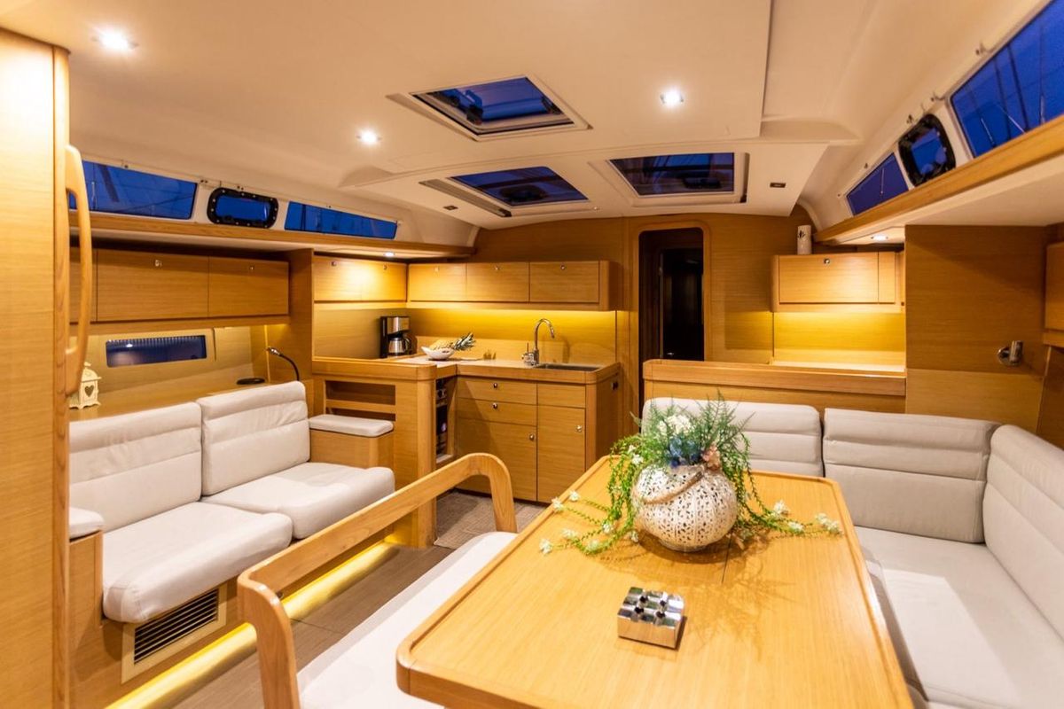 Salon of Silia, a Dufour 460 sailboat at Municipal Unit of Lefkada, Greece