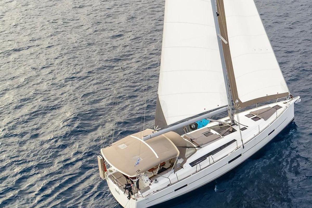 Exterior view of Silia, a Dufour 460 sailboat at Municipal Unit of Lefkada, Greece