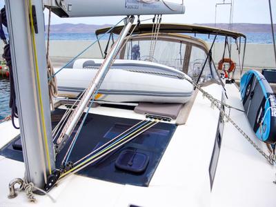 Deck of Silia, a Dufour 460 sailboat at Municipal Unit of Lefkada, Greece